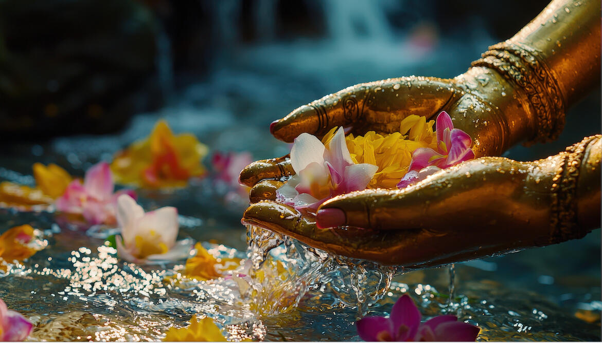 Two AMAZI glass tea bottles with Flower of Life engraving on blue bench, filled with fresh herbs and lemon water, surrounded by ritual tools including wooden spoon and sacred geometry cards